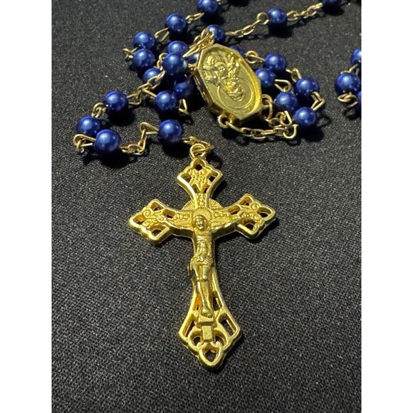 VTG Rosary Jesus Crucifix Virgin Mary Blue Glass Bead Gold Tone Metal Chain - Picture 1 of 3